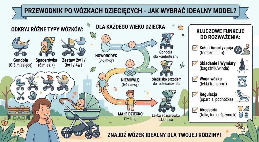 Infografika „Przewodnik po wózkach dziecięcych” opisująca typy wózków, etapy rozwoju dziecka oraz kluczowe funkcje.